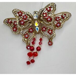 Vintage Red Rhinstone Butterfly brooch large statement pin with danglng beads